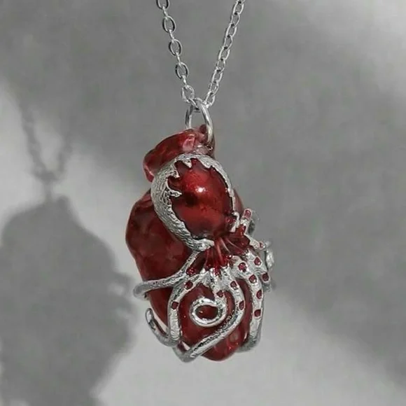 Octopus Wrapped Heart Metallic Squid Anatomy Cardiac Grasp Clutch Oddity Pendant